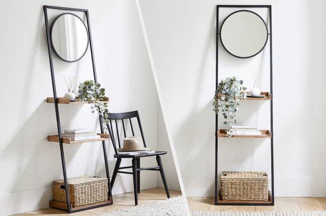 Two images of the wooden and metal ladder shelf with a round mirror