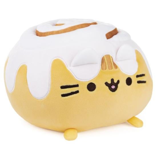 yellow and white cinnamon roll plush with pusheen face, ears, and legs