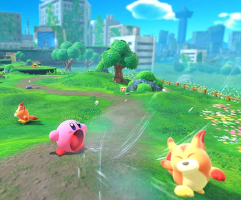 screenshot of Kirby sucking up a monster