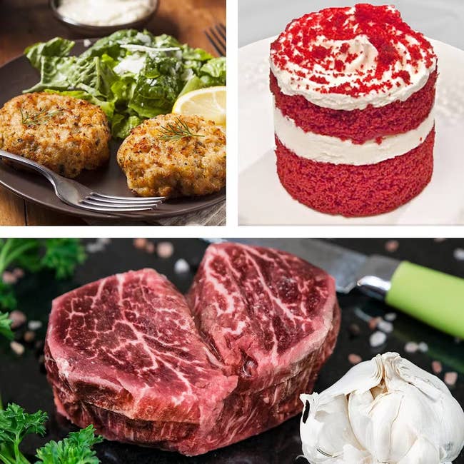 a split image of a heart shaped steak, two crab cakes with salad, and a red velvet cake