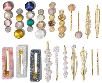 the clips and pins, including gold, pearl, marble effect, and colorful circular bauble styles