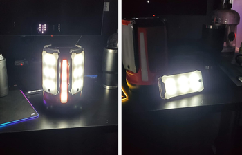 reviewer collage of multi-panel LED lantern and individual panel on kickstand