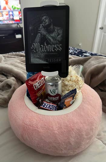 Plush tray holds snacks and e-reader with 