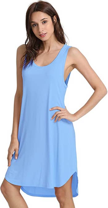 front view of a model in the blue nightgown