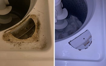 Inside reviewer's washing machine with very dirty corner / same corner now clean