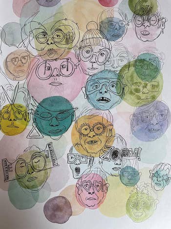 another reviewer photo of a page filled with colorful circles, many of which have faces drawn on them