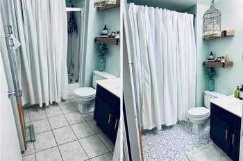before/after of a bathroom upgraded using the floor tile