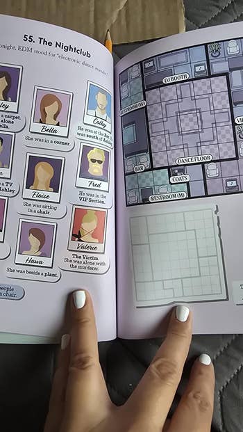Open publication displaying a cartoon nightclub representation and quality profiles discussing a mystery. A manus holds the publication open