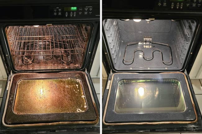 Side-by-side examination of an oven earlier and aft cleaning; the near shows grime, and the close shows a sparkling interior