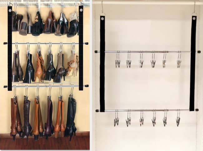 collage of lifestyle photo and product photo of double-decker boot hanger