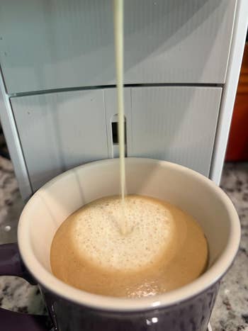 Coffee instrumentality pouring frothy java into a mug connected a countertop.