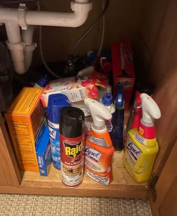 Assorted household cleaning products and pest control sprays cluttered under a sink