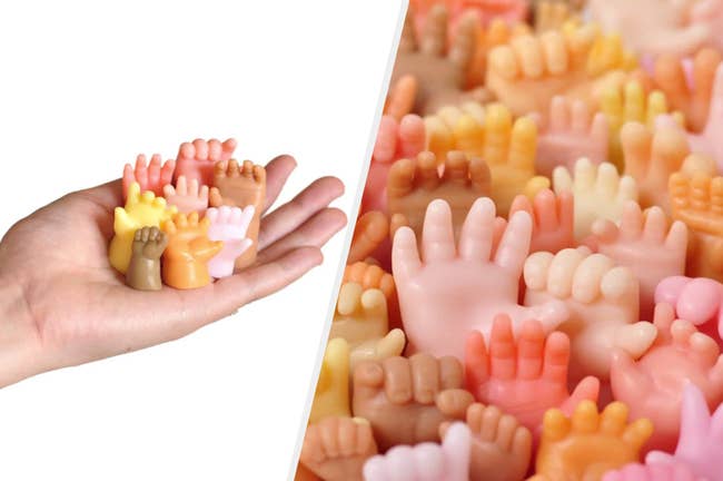 Two images of the hand-shaped hand soaps