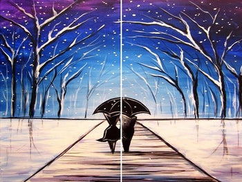 a painting of two people holding an umbrella and walking through trees covered in snow