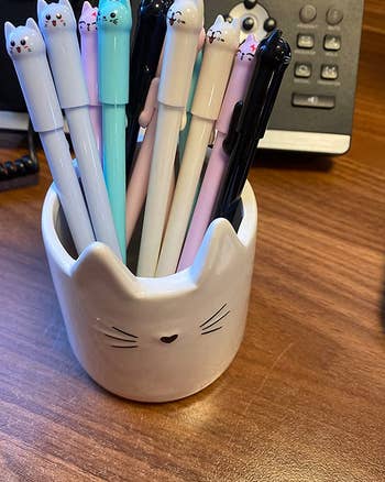 all the pens in a cup on a reviewer's desk