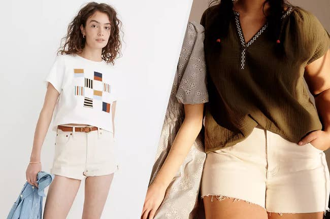Two images of models wearing off-white denim shorts