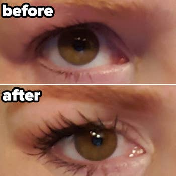 Close-up of a person's eyes before and after applying mascara