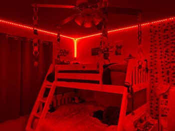 A room with red light strips