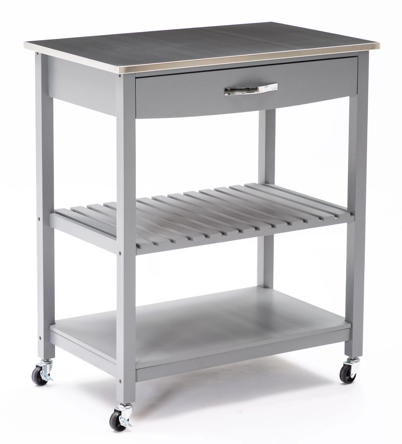 Gray and stainless steel microwave cart with three shelves and drawer on white background