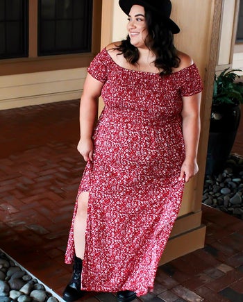 reviewer wearing the red floral maxi dress in size 3XL