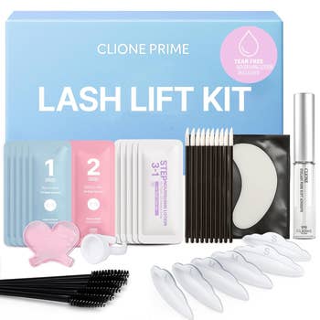 Lash assistance   kit with perm lotion, mounting  lotion, and nourishing lotion, positive  tools similar  pads, spoolies, and a lash comb, displayed successful  packaging