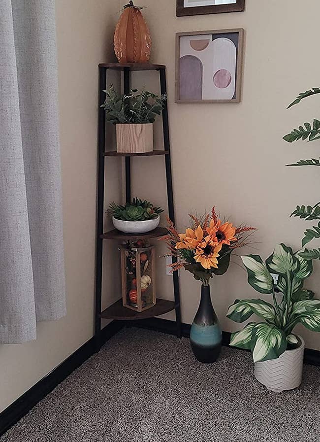Reviewer image of brown and black ladder corner bookshelf with plants and fall decor on each shelf