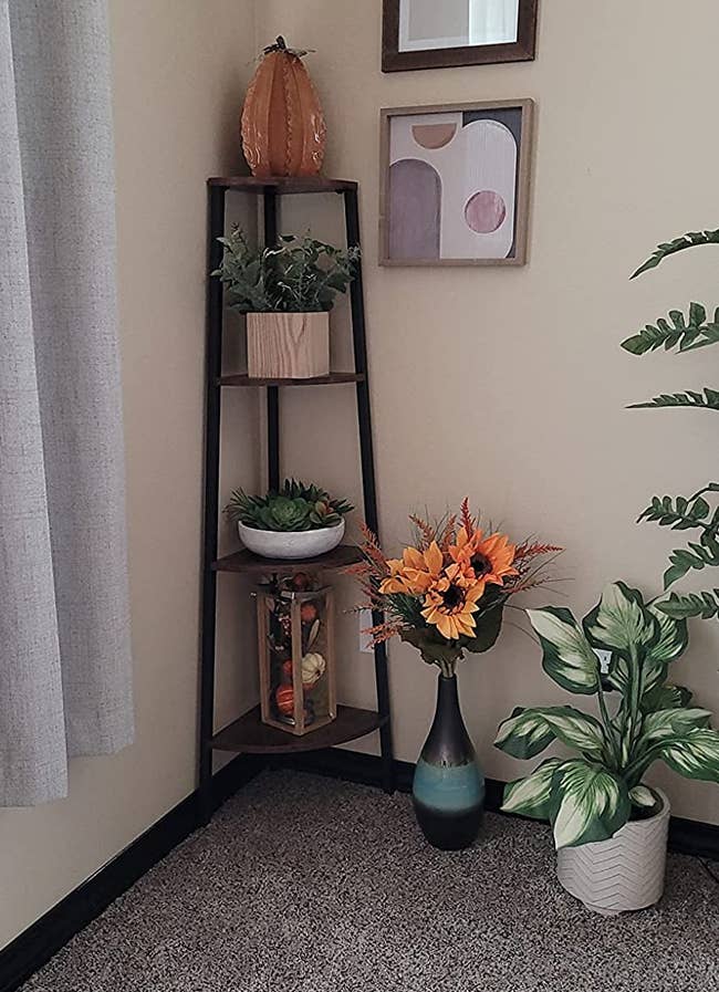 Reviewer image of brown and black ladder corner bookshelf with plants and fall decor on each shelf