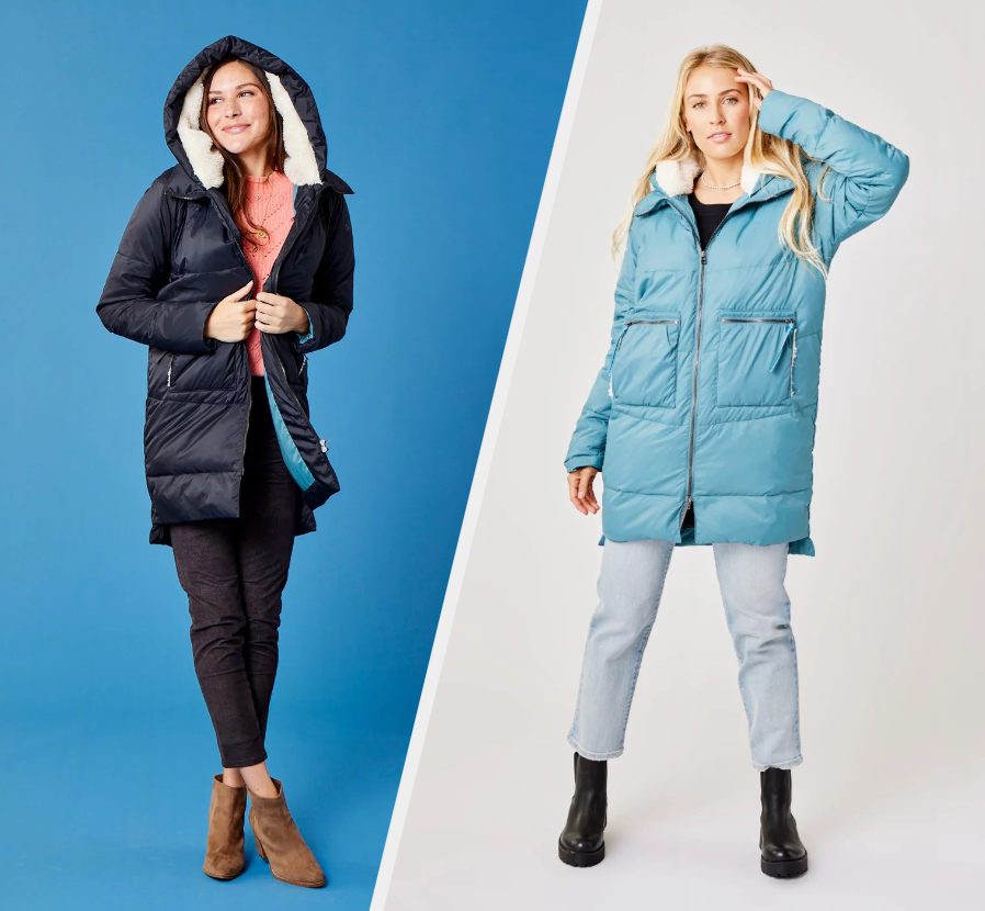 Two images of models wearing black and blue jackets