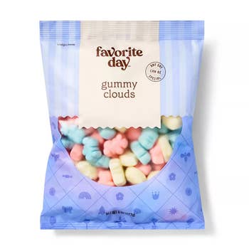 Bag of Favorite Day Gummy Clouds featuring pastel, cloud-shaped candies in pink, blue, and yellow