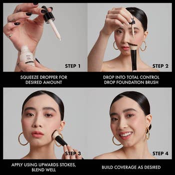 Four-step guide to applying liquid foundation with a dropper and brush for buildable coverage