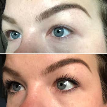 a reviewer's before photo with short lashes and after photo looking much longer and more voluminous with the mascara