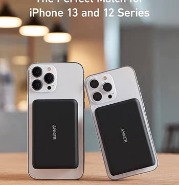 two iPhones with portable battery packs on the back of them