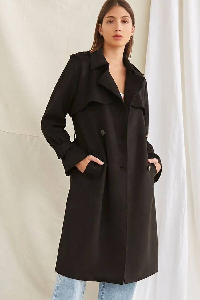 Image of model wearing the black trench jacket