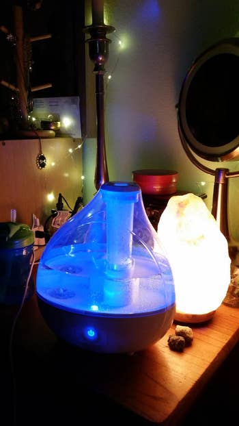the humidifier at night glowing blue