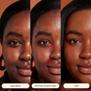 Skincare merchandise  objection  showing before, during, and aft  applying a colour  corrector connected  a woman's face
