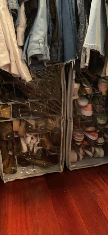 reviewer pic of shoe storage stacked vertically in closet