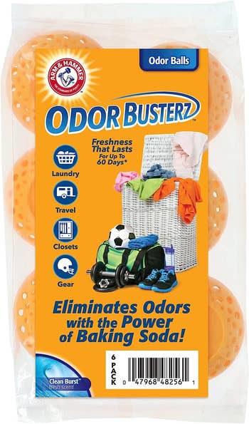 Package of Odor Busterz odor-eliminating balls for laundry, travel, and gear, with baking soda