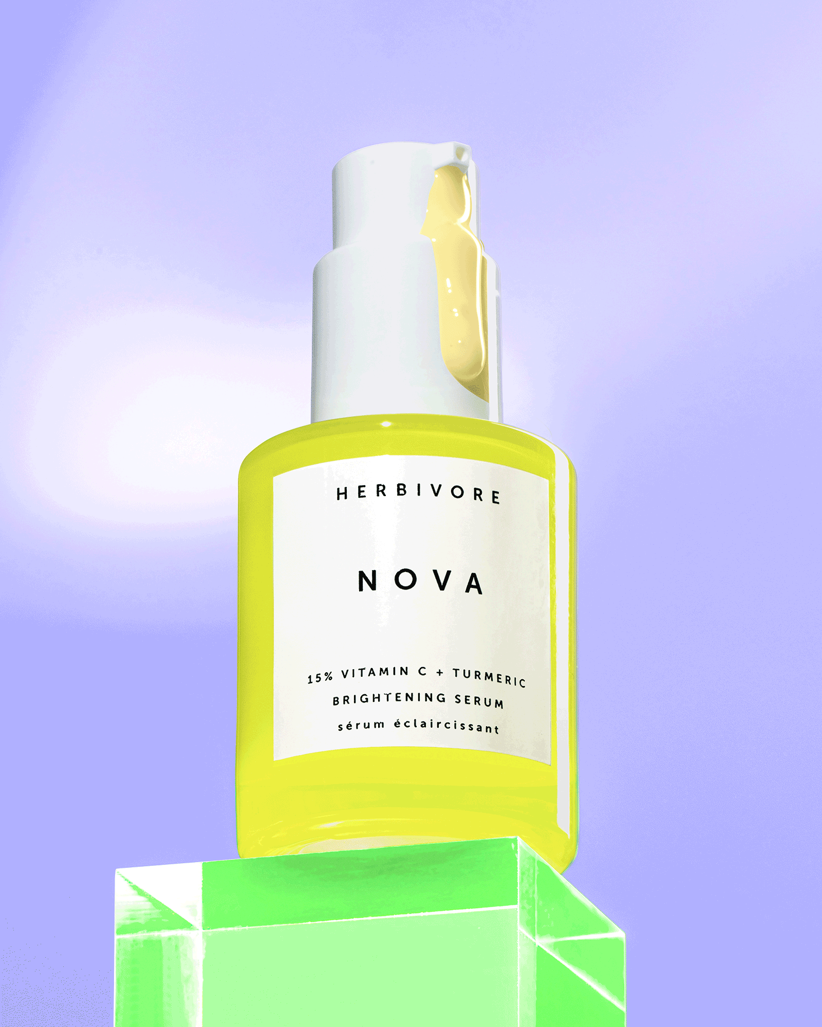 illustrated gif of a bright yellow bottle of vitamin C serum pumping out product