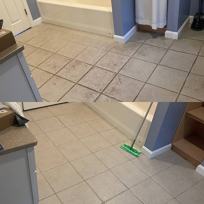 Reviewer's floor before and after using grout cleaner