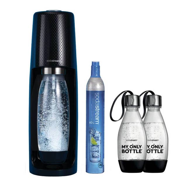 the sodastream in black with carbon dioxide container and reusable bottles