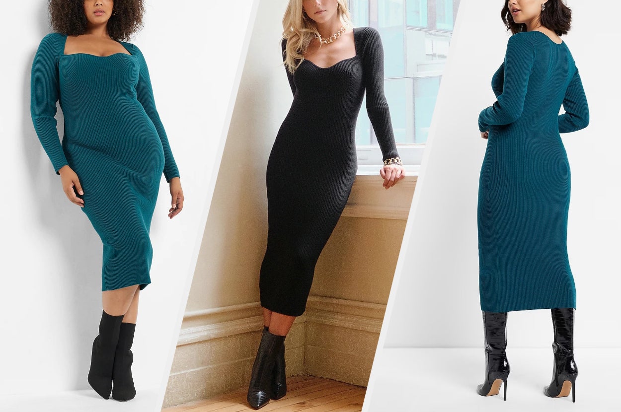 Three images of models wearing blue and black sweater dresses