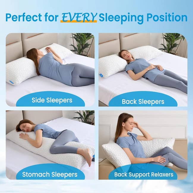 Four images of a exemplary demonstrating a assemblage pillow usage for side, back, stomach, and backmost enactment relaxation sleeping positions