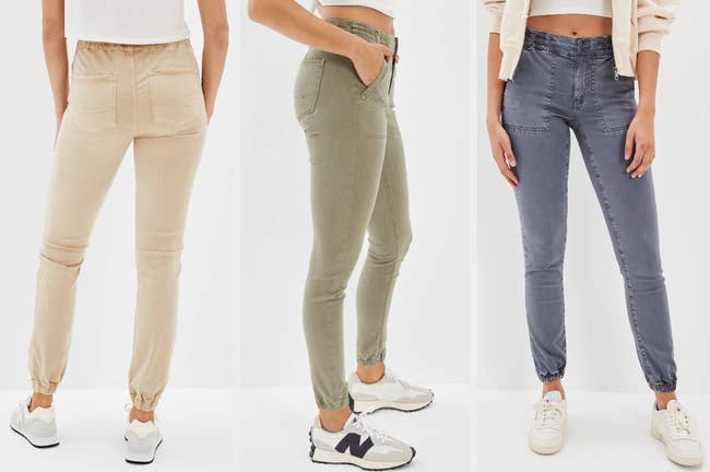 Three images of models wearing beige, green, and gray pants