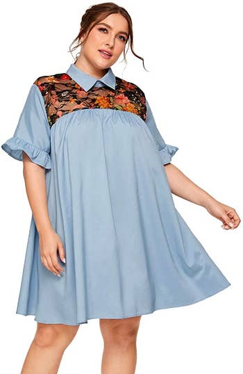 model wearing the dress in light blue