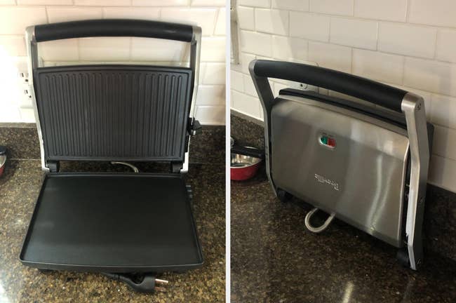 Two reviewer images of the black and silver panini press