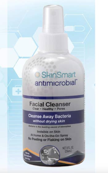 SkinSmart Antimicrobial Facial Cleanser spray bottle, 8 fl. oz. Label highlights: cleans away bacteria without drying skin, invisible on skin, on-the-go spray