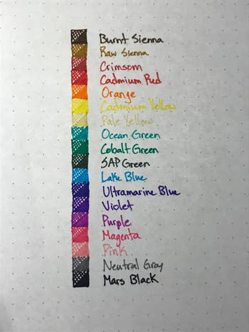 reviewer's swatches of each color on a page