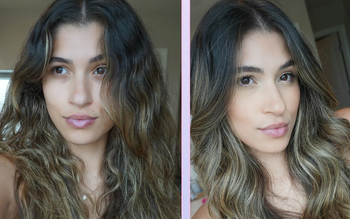 A model's before and after from using the conditioning spray, with hair looking visibly smoother and more hydrated