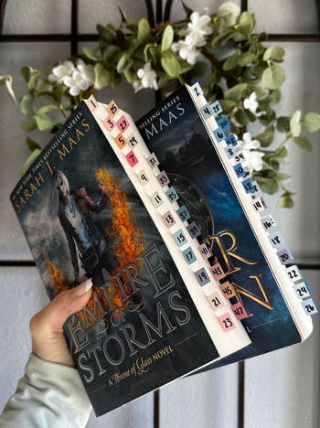 reviewer holding a stack of Sarah J. Maas books titled 