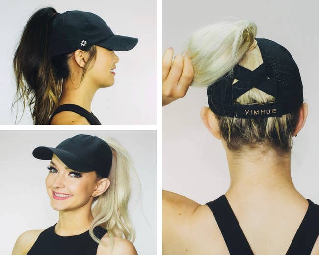 Model yang menunjukkan bagian depan, samping, dan belakang topi di mana ada desain cross palka untuk mendukung kuncir kuda yang tinggi